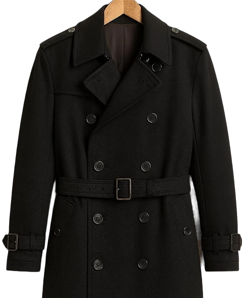 Black double-breasted trench coat, collar and belt detail
