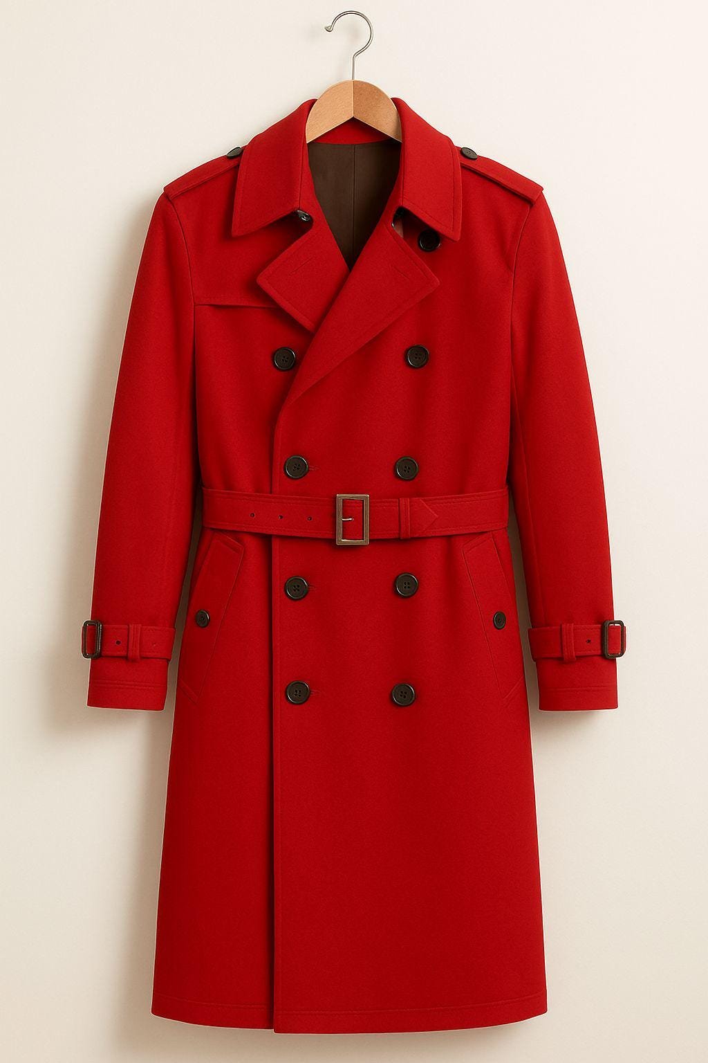 Red double-breasted trench coat